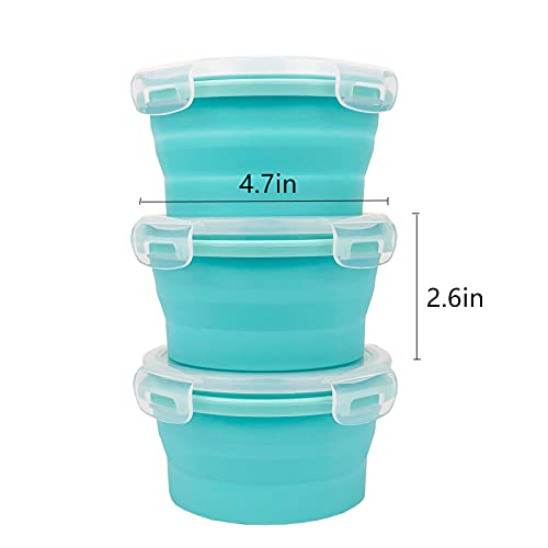 CCyanzi 3piece Round Collapsible Bowl with Lids, Silicone Food Storage Containers, Microwave & Freezer Safe, Space Saving for Kitchen Cabinet and Camping Backpack,(Blue) - color: blue