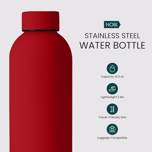 NOBL Stainless Steel Insulated Water Bottle 17 Oz, Leak Proof, Cherry Red | Double Wall Vacuum Insulation Keeps Drinks Cold 24 Hrs, Hot 12 Hrs, 500 Ml Sealed Thermo Bottle Fits Carry-on Cup Holder - color: Cherry Red