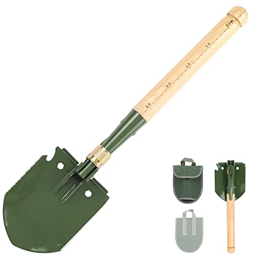 MASTIFF GEARS Folding Survival Shovel - Wooden Handle, Heavy Duty Carbon Steel Military Entrenching Tool for Camping, Off Road, Beach & All-Terrain Digging (Classic w/Pick) - style: Folding Shovel