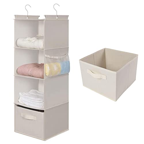 MAX Houser 4-Shelf Hanging Closet Organizer, Space Saver, Cloth Hanging Shelves with 2 Side Pockets, Foldable (Beige) | Foldable Fabric Hanging Shelves for Closet, Cloth Hanging Shelves with 2 sturdy hanging hooks, Small Space Saver - color: Beige-2