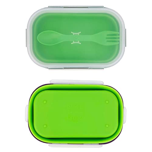 Green Food Grade Silicone Lunch Container Bento Box, Collapsible Food Storage Containers with Airtight Lids and 2in1 Fork, Reusable Food Container for Travel Camping, 1000ml Microwave Container