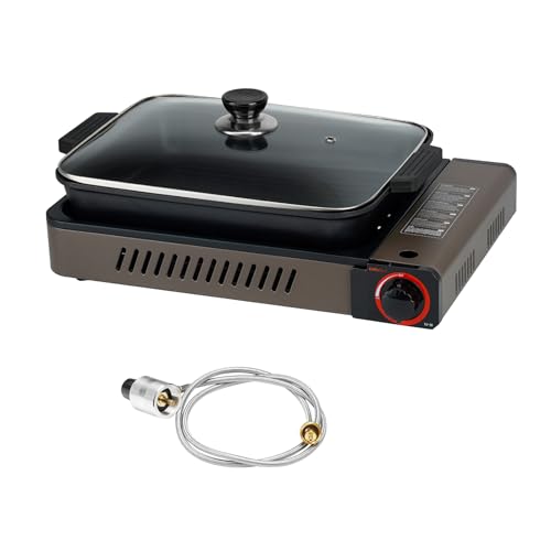 Portable Propane Gas Stove with Grill Pan and Lid | Butane Camping Stove Instant Ignition for Patio Backyard Home Cooking Camping RV Tailgating Emergency Use, GS349