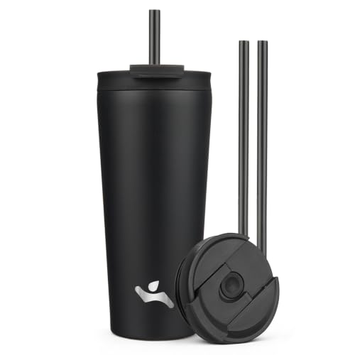 Konokyo 22 oz Insulated Tumbler Water Bottle with Straw Lid, Black | Stainless steel insulated tumbler for coffee, water and iced drinks; spill-proof lid, 2 straws, cup-holder friendly - color: Black, size: 22 Ounces