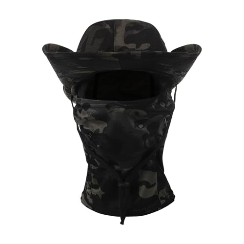 2PCS Camo Boonie Hat Balaclava Face Mask Wide Brim Sun Hat for Hunting Hiking Bucket Cap with Adjustable Strap - color: Black