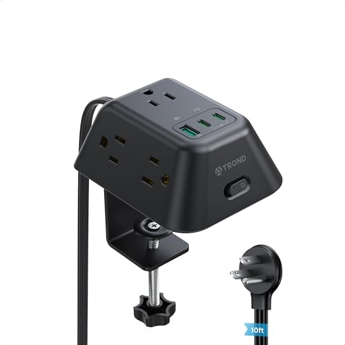 TROND Desk Clamp Power Strip, Surge Protector with USB C PD 20W | Desk Mount Power Strip with 5 AC Outlets, Fit 1.97in Tabletop Edge Thick, 10ft Extension Cord for Home Office Dorm, Black - color: Black, size: 10FT (2C1U & PD 20W)