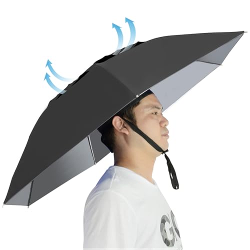 Umbrella Hat Folding Adjustable Sun Rain Cap, 37.4” UPF 50+ UV Protection Large Hands Free Umbrellas, 7-Ribs Waterproof Headwear for Fishing Gardening Golf Sunshade Outdoor - color: Black