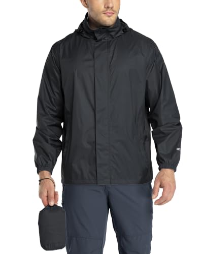 33,000ft Men's Packable Rain Jacket Lightweight Waterproof Golf Raincoat - color: Black, size: Large