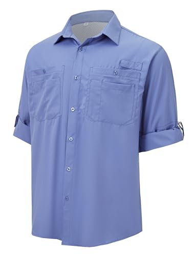 Ousafeve Men’s Fishing Shirts Long Sleeve Safari Button Down Shirts | Regular Fit, UPF 50+, Quick dry Cooling,Hiking, Safari, Travel Camping for Men - color: Light Blue, size: 3X-Large