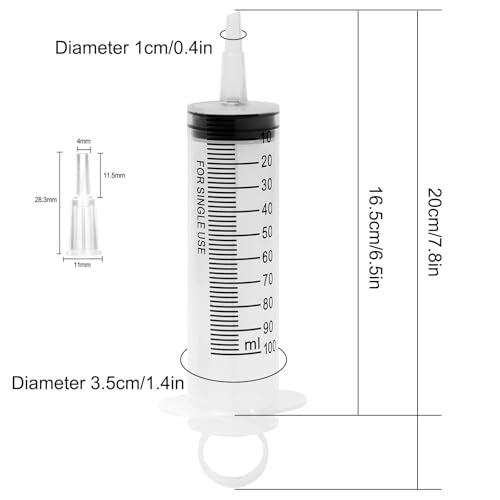 5 Pack 100ml Syringes with Tip Adapters, Large Garden Syringe for Scientific Labs, Nutrient Measuring, Watering, Refilling - size: 100 ml