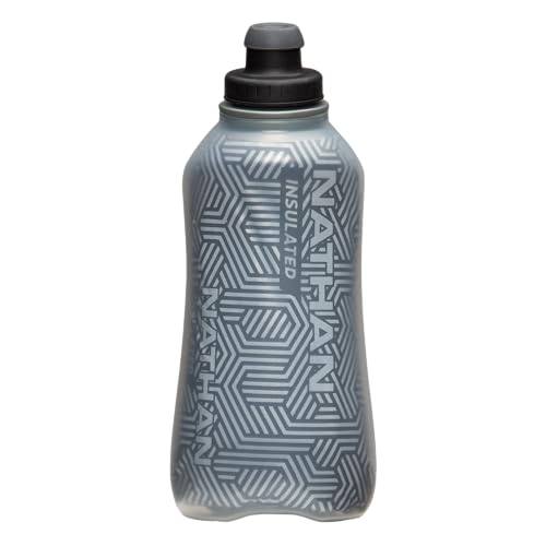 Nathan SpeedDraw 2 Insulated Handheld Running Water Bottle Flask 18oz – Double-Wall Insulation, Ergonomic Grip, Blast Valve Cap, Phone & Key Storage Pockets, Reflective Design - color: 18oz Clearview - Black