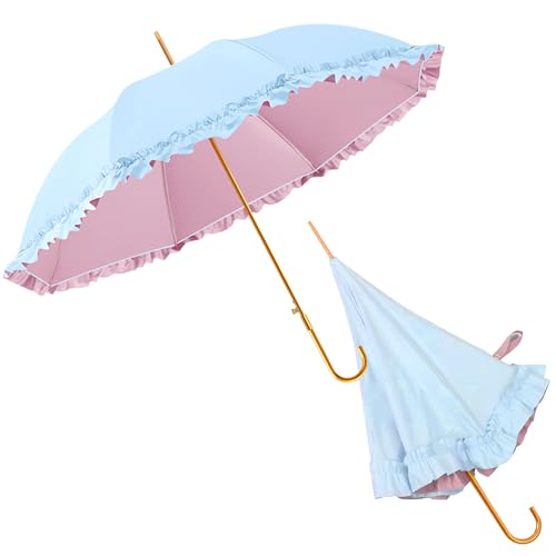 40.16inch Ruffled Princess Parasol with One-Touch Open - UPF50+ UV Blocking Sunshade, 8-Rib Fiber+Aluminum Frame, Lightproof Canopy for Women - color: blue1