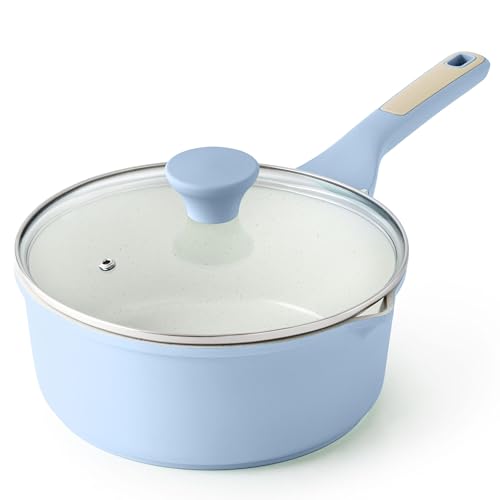 SENSARTE Ceramic Nonstick Saucepan with Double Pouring Spout, 3QT, Blue | Cooking Pot with Stay Cool Handle, Induction Compatible, Ceramic Coating, PFOA/PFAS/PTFE Free - color: Glacier Blue, size: 3.0 Quarts