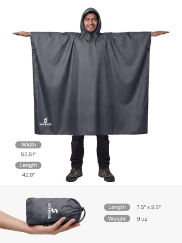 SaphiRose Hooded Rain Poncho Waterproof Raincoat Jacket for Men Women Adults - color: Grey