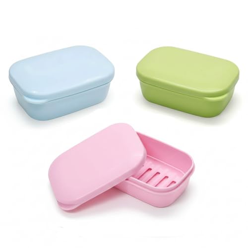 3 Pack Travel Soap Case with Lid, Leakproof Travel Soap Container, Portable Soap Holder with Removable Drain Tray for Home, Bathroom, Hiking, Camping, Outdoor (Blue, Pink, Green-n)