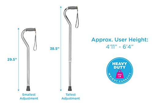 NOVA Heavy Duty Bariatric Walking Cane for Seniors, Men & Women – 500 lb Weight Capacity Offset Cane, Lightweight Adjustable Walking Stick with Soft Foam Grip, Wrist Strap & Non-Slip Tip - color: Silver