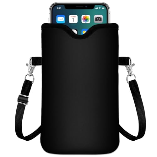 IRADA Neoprene Cell Phone Sleeve Pouch Case Bag with Crossbody Strap Neck Lanyard for Women Men 7.6 X 4.3 Inches-Solid Black Shockproof Universal Phone Bag - color: Solid Black-Phone Sleeve