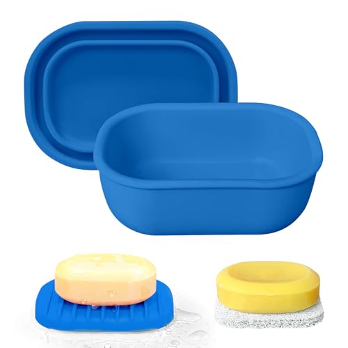 Leakproof Silicone Travel Soap Case with Drainage Layer, Silicone Bar Soap Holder Compact Portable Shatterproof Soap Container Box for Bathroom Gym Camp Travel Toiletries (KleinBlue, Drainage Lid) - color: Kleinblue, size: Drainage Lid