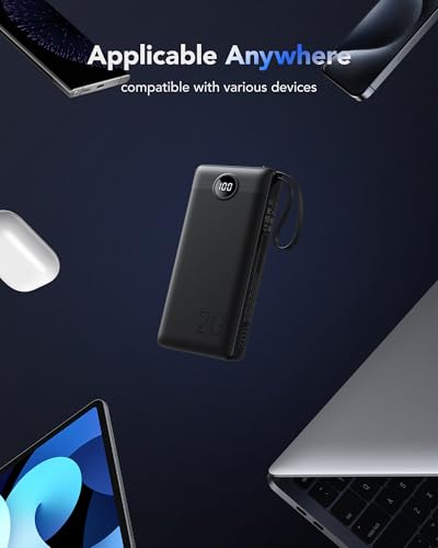 VRURC Portable Charger 20000mAh, Built-in Cables Fast Charging Power Bank, PD QC 3.0 Travel Essentials Battery Pack, 4 Output & 2 Input Phone Charger for iPhone, Samsung, Android - color: Black