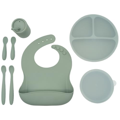 WeeSprout Baby Led Weaning Bundle, Silicone Suction Bowl, Spoons, Bib & Cup, Develops Self Feeding Skills, Dishwasher Safe (Green) - color: Green