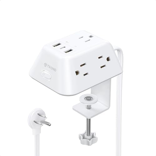 TROND Desk Clamp Power Strip, Desk Mount Charging Station with 5 AC Outlets | Surge Protector with 3 USB Ports, Fit 1.97in Tabletop Edge Thick, 6FT Flat Extension Cord for Home Office Accessories, White - color: White, size: 6FT (2U1C)