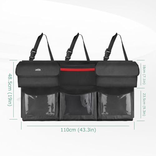 Oasser Trunk Organizer for Car, 6 Storage Compartments 43.3x19in | Clear PVC Pockets, 600D Oxford Cloth, 3 Adjustable Straps, Foldable, for SUV MPV VAN - size: Regular-43.3x19in