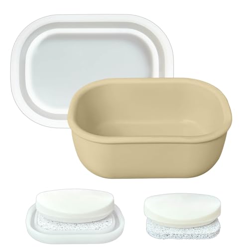 Leakproof Silicone Travel Soap Case with Drainage Layer, Silicone Bar Soap Holder Compact Portable Shatterproof Soap Container Box for Bathroom Gym Camp Travel Toiletries (Sand, Clear Lid) - color: Sand, size: Clear Lid