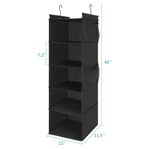 MAX Houser 5-Shelf Hanging Closet Organizer with 4 Side Pockets, Black | Foldable Fabric Hanging Shelves for Closet, Cloth Hanging Shelves with 2 sturdy hanging hooks, Small Space Saver - color: Black