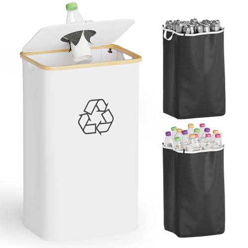 SpaceAid Recycling Bin for Kitchen 26 Gallon, 100L Recycle Bin with Lid and 2 Reusable Inner Bags, for Bottle Can Glass Plastic Stickers, White - color: White