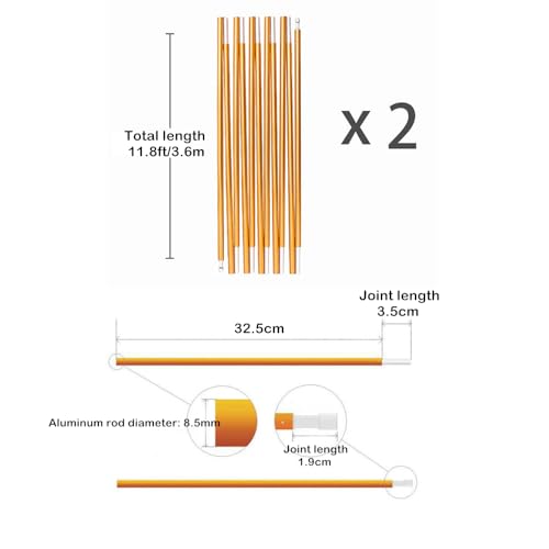 Aluminum Tent Poles Replacement,2 Pack 11.8 ft 7001 Alloy Bar Preassembled Tent Accessories for Hiking Camping Supporting Rod Repair Kit