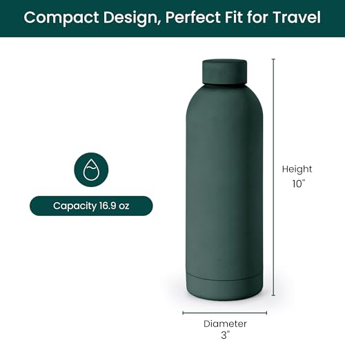 NOBL Stainless Steel Water Bottle, 17 Oz Leak Proof Thermos, Forest Green | Double Wall Vacuum Insulation Keeps Drinks Cold 24 Hrs, Hot 12 Hrs, Sealed, 500 Ml, Fits Carry-on Cup Holder - color: Forest Green