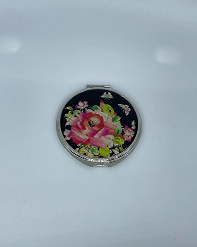 Portable Makeup Compact Double Magnifying Mirror Cosmestic Foldable Pocket Style Unique Mother of Pearl Design (Rose) - color: Rose