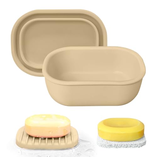 Leakproof Silicone Travel Soap Case with Drainage Layer, Silicone Bar Soap Holder Compact Portable Shatterproof Soap Container Box for Bathroom Gym Camp Travel Toiletries (Sand, Drainage Lid) - color: Sand, size: Drainage Lid