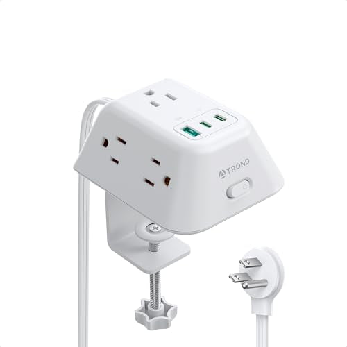 TROND Desk Clamp Surge Protector, Power Strip for Desk with USB C PD 20W | 5 AC Outlets, Fit 1.97in Tabletop Edge Thick, 1440J Surge Protection, Extension Cord 6ft for Home Office Essentials, White - color: White, size: 6FT (2C1U & PD 20W)
