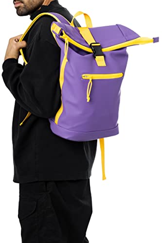 X RAY Roll Top Laptop Backpack for Men Women, PU Leather Expandable Roll Up Backpack Capacity Adjustable 22L & Fits 15.6" Laptop, Purple/Yellow - color: Purple/Yellow