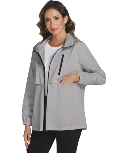 Avoogue Rain Jacket Women with Hooded Waterproof Raincoats - color: Grey, size: Large