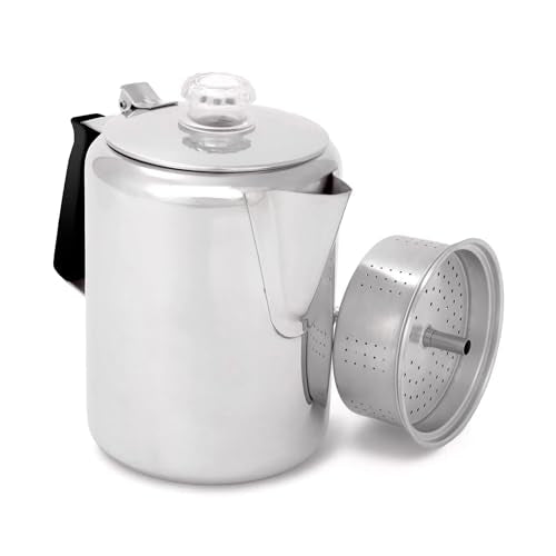 GSI Outdoors Percolator Coffee Pot I Glacier Stainless Steel with Silicone Handle for Camping, Backpacking, Travel, RV & Hunting - Stove Safe - size: 9 cup