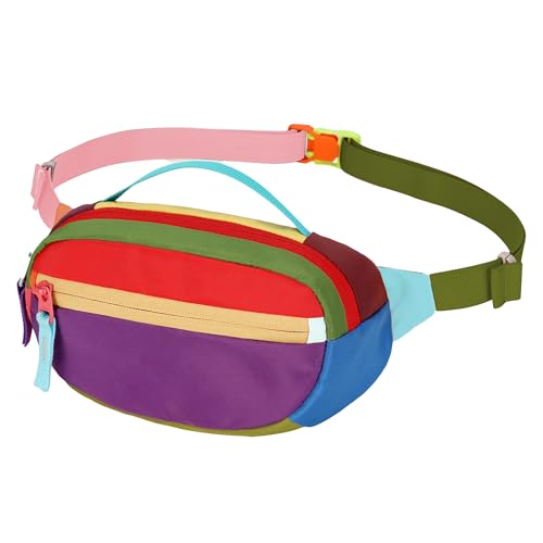 Retro Fanny Pack for Women Men Hiking Waist Packs 2 Pockets Color-blocking Belt Bags for Festival 80s 90s Theme Party Running Traveling (Purple) - color: Purple