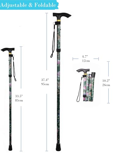 Folding Lightweight Walking Stick - Adjustable Aluminum Metal Collapsible Travel Cane with Non-Slip Rubber Base - color: Green Floral