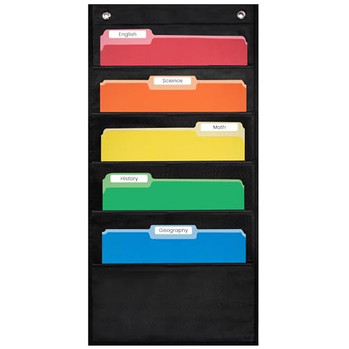 Essex Wares - 5 Pocket File Folder Pocket Chart, Black, 14" Wide x 24" Tall | Versatile Wall Hanging File Folder Organizer for Classrooms, Offices, Home, and More - Wall Folder Organizer - size: 5 Pocket