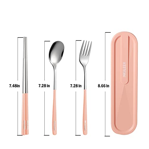 iNKULEER Travel cutlery set, 18/8 stainless steel cutlery, Reusable utensils set with case, Portable Silverware Lunch Box for Camping and Office (Pink) - color: Pink