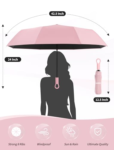 Seniny Umbrellas for Rain with Ring Buckle - Travel Umbrella Compact for Backpack, Car, Walking, Automatic UV Umbrella for Sun Protection, Small Portable & Folding Umbrellas for Windproof, Women Kids - color: Pink