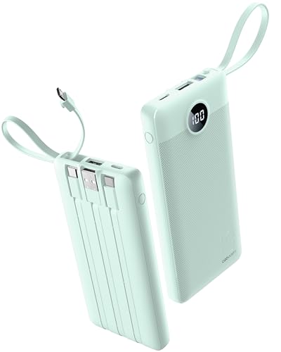 Portable Chargers 10000mAh, Slim Travel Essentials Power Bank, 5 Outputs 2 Inputs LED Display External Battery Pack with Built-in Cables Compatible with iPhone/Android & More (Teal) - color: Teal