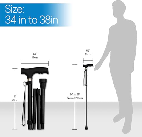 Folding Lightweight Walking Stick - Adjustable Aluminum Metal Collapsible Travel Cane with Non-Slip Rubber Base - color: Upgraded-Black