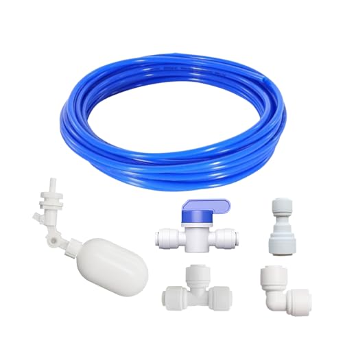 1/4 inch Tube Float Valve Kit for RO Water Reverse Osmosis System water filter ball float valve Water Float Ball Valve （ 4 connectors + 1 PTEF tape + 15 feet Blue Hose Tube) - size: 15FT