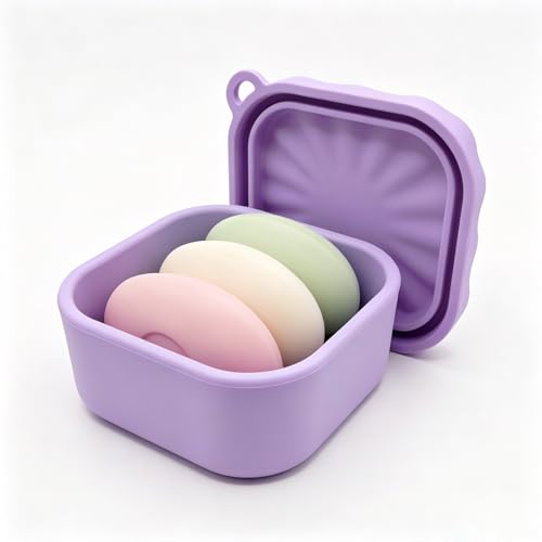 Silicone Travel Soap Case, Leak Proof Soap Dish Holder with Drainage, Shower Container for Kitsch Shampoo Bars & Standard Soaps Traveling Accessories for Gym Camping (Purple, Square) - color: Purple