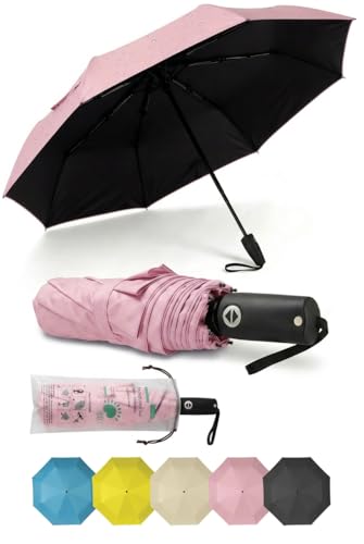 BAODINI Compact Travel Umbrella Small Windproof Auto Open Close for UV Sun Protection UPF 50+ and Rain Fits Backpack Purse & Suitcase - color: Pink
