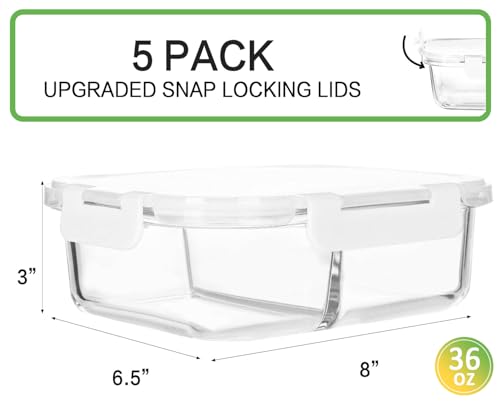 M MCIRCO 5 Pack,36 oz, 2 Compartments Glass Meal Prep Containers with Lids | Divided Glass Food Storage Containers, Portion Control Lunch Containers, Microwave, Oven, Freezer, Dishwasher, White - color: White