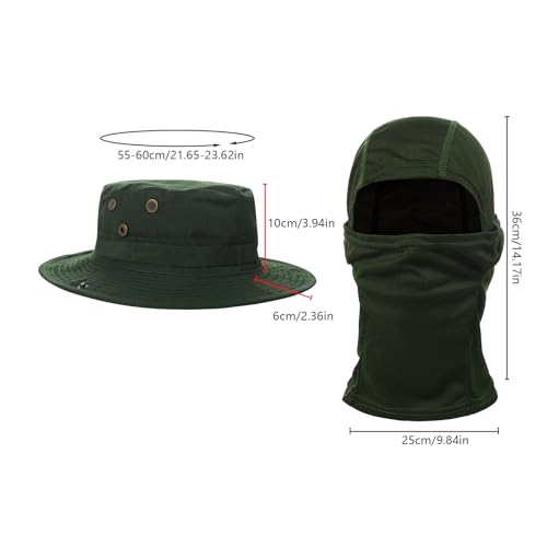 2PCS Camo Boonie Hat Balaclava Face Mask Wide Brim Sun Hat for Hunting Hiking Bucket Cap with Adjustable Strap - color: Green
