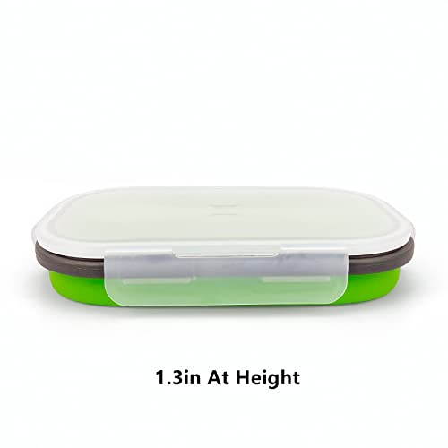 Green Food Grade Silicone Lunch Container Bento Box, Collapsible Food Storage Containers with Airtight Lids and 2in1 Fork, Reusable Food Container for Travel Camping, 1000ml Microwave Container