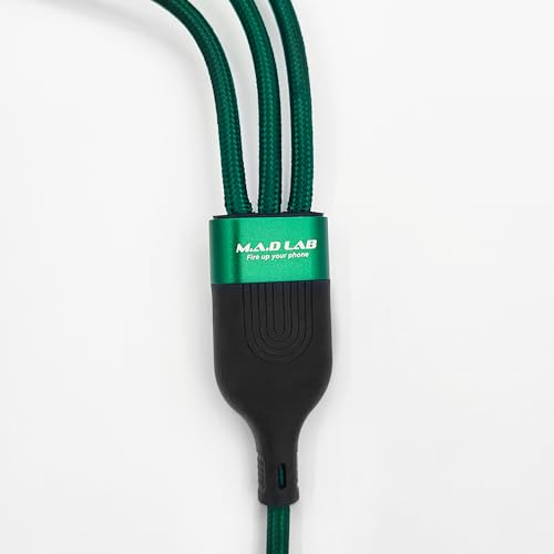 M.A.D LAB 100W USB-C Multi Charging Cable, 3-in-1 Nylon Braided, 4.3 ft | Multi charger cable: USB-C, Lightning and Micro-USB tips; up to 100W fast charge and 480Mbps data via USB-C connector only